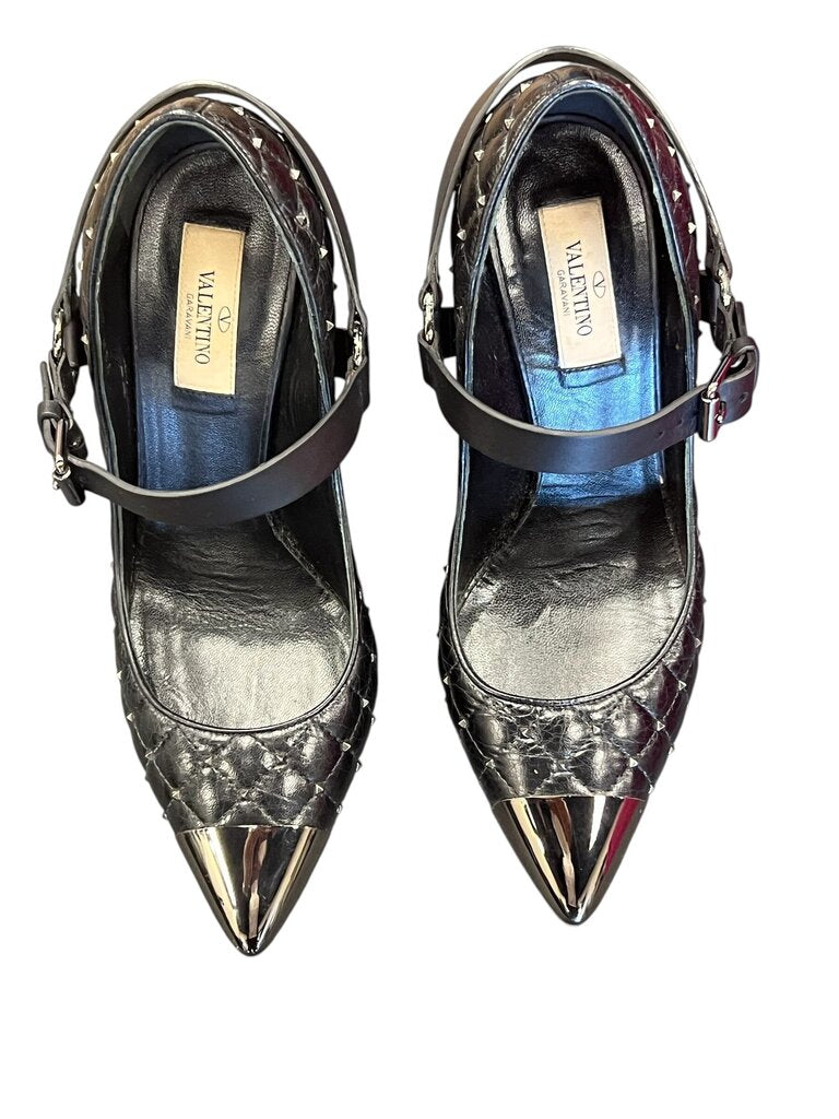 Black Quilted Leather Mary Jane Heels w/Metal toe & studs
