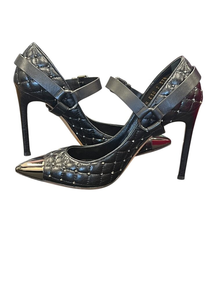 Black Quilted Leather Mary Jane Heels w/Metal toe & studs
