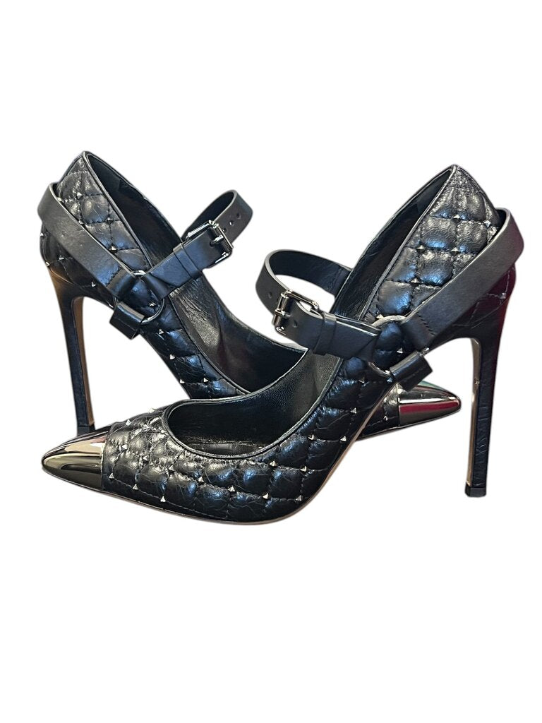 Black Quilted Leather Mary Jane Heels w/Metal toe & studs