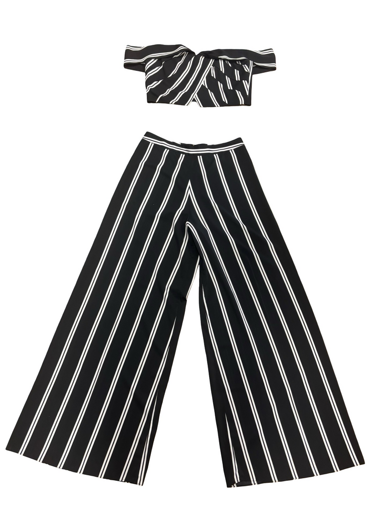 Black and White Striped Off-Shoulder Top and Wide-Leg Pants Set