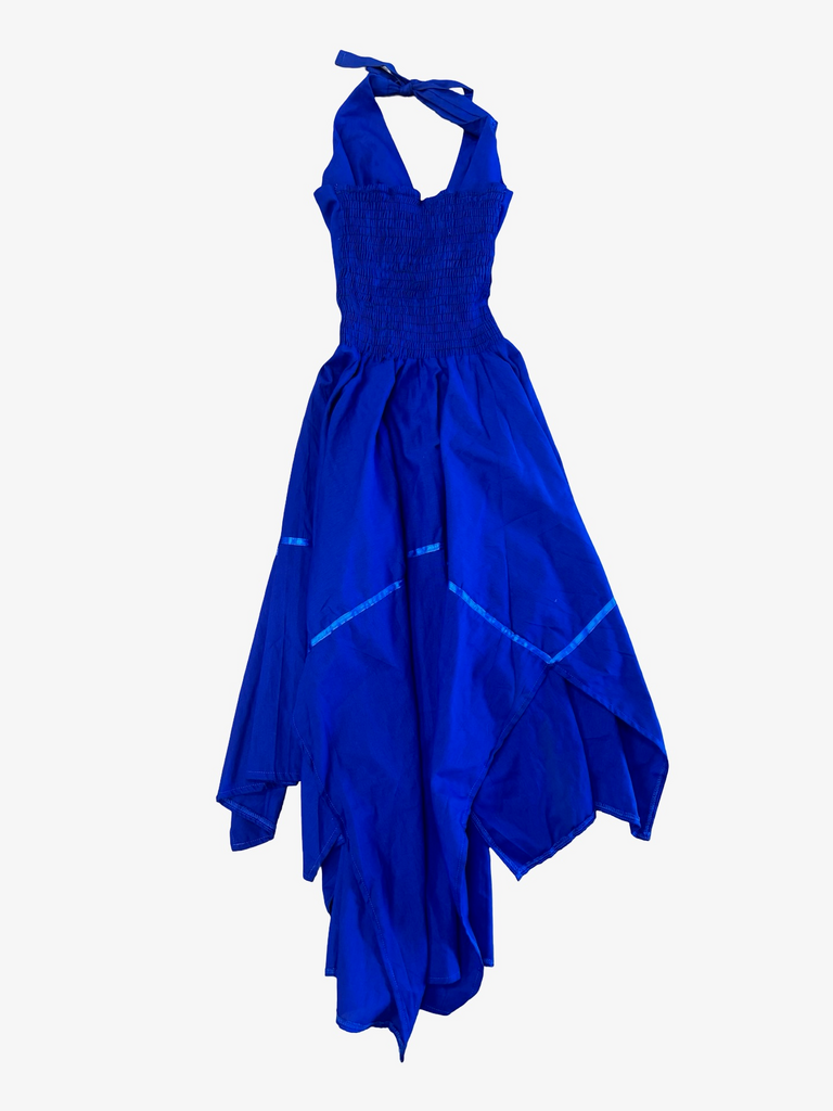 L- Blue Embroidered halter Maxi Dress