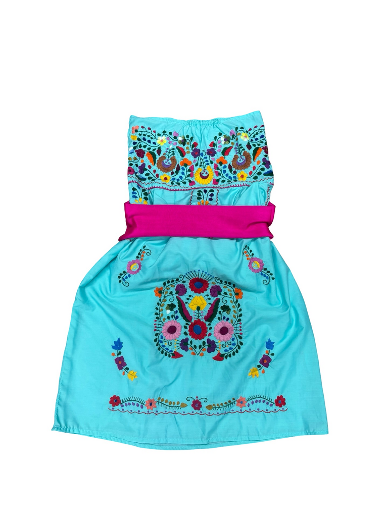 M- Embroidered Aqua Dress with Pink Belt