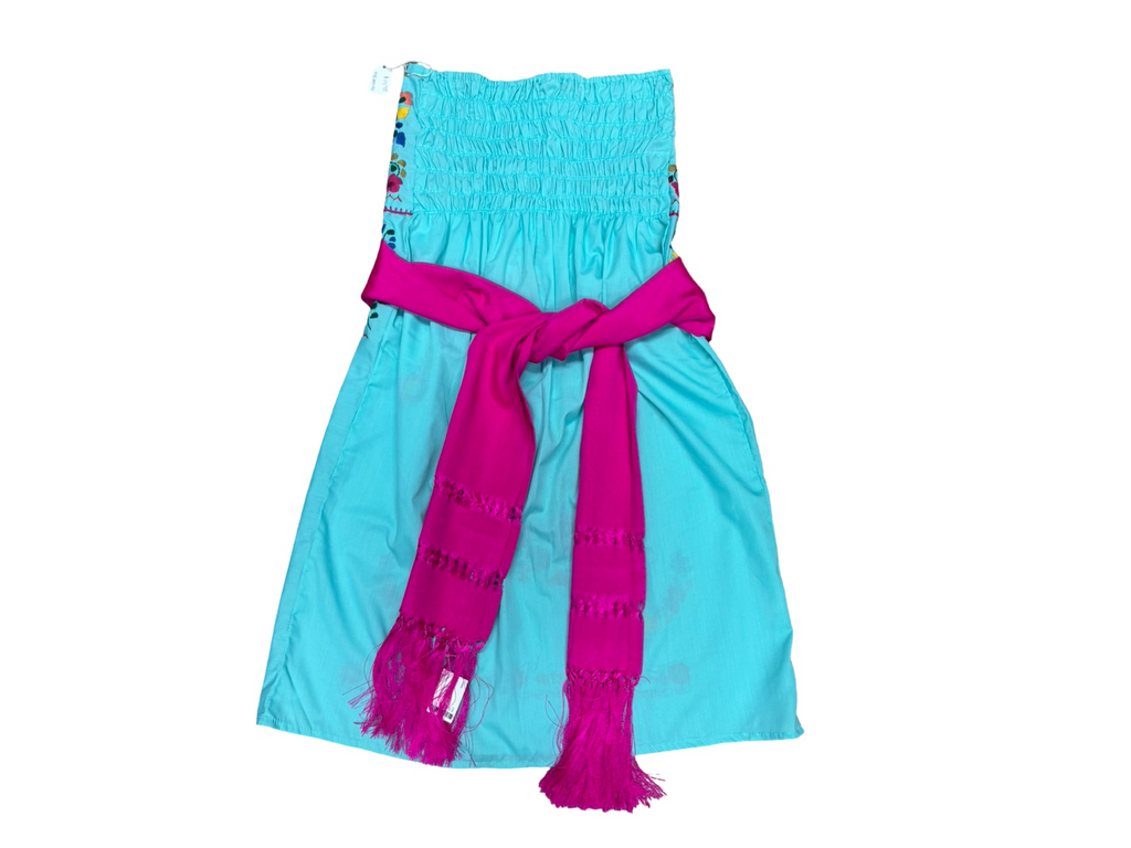 M- Embroidered Aqua Dress with Pink Belt