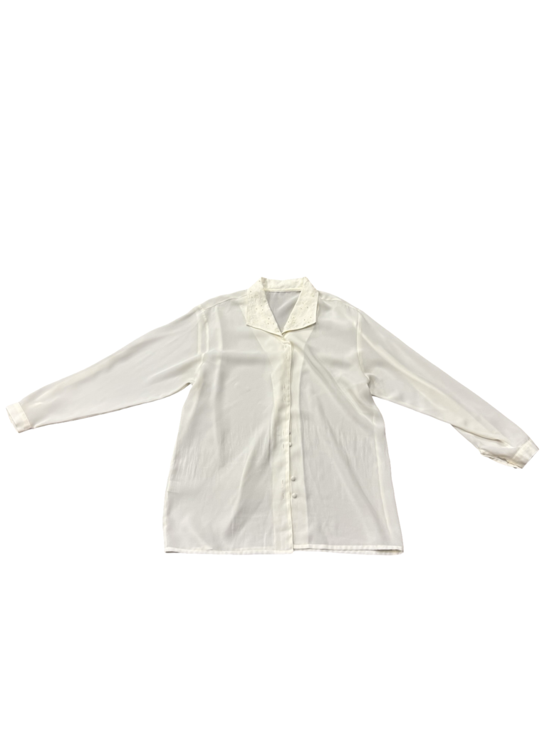 L- Elegant pearl neckline White Long Sleeve Blouse