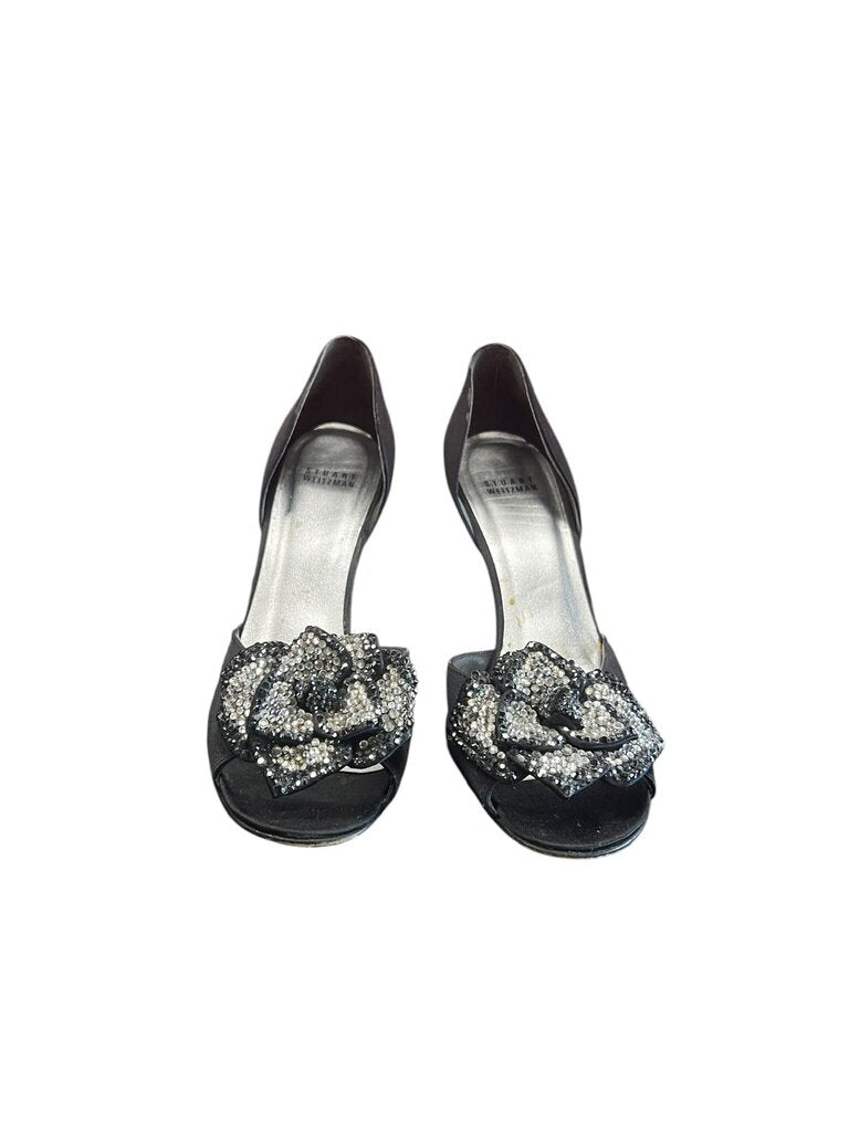 Stuart Weitzman Black Heels with Rhinestone Flower