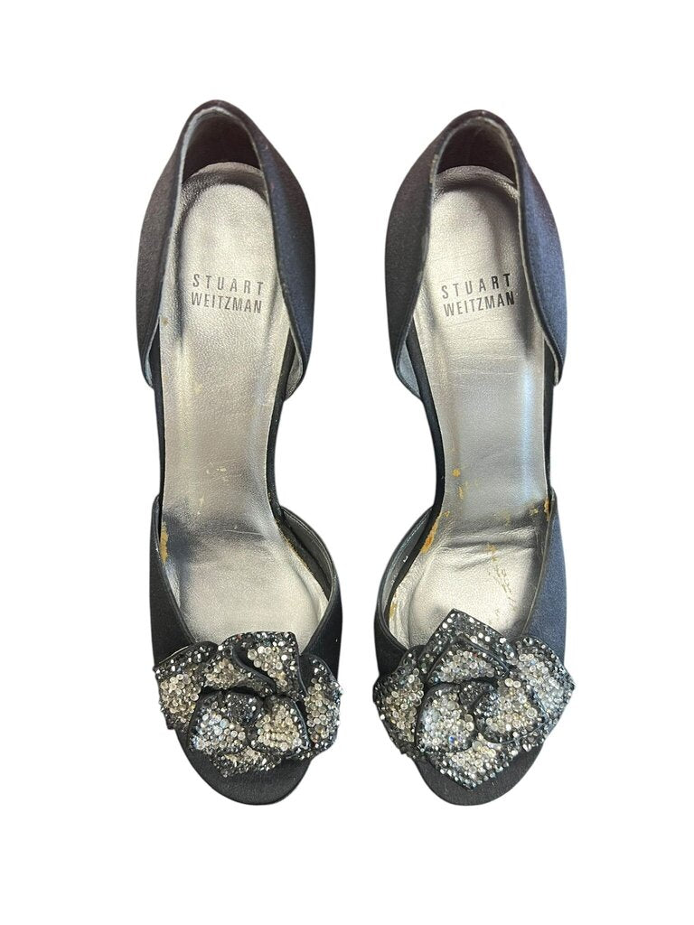 Stuart Weitzman Black Heels with Rhinestone Flower