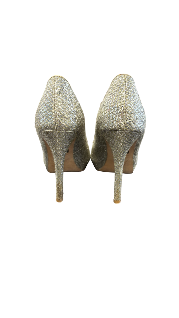 Size 7.5 Badgley Mischka Gold Sparkle Peep-Toe Heels