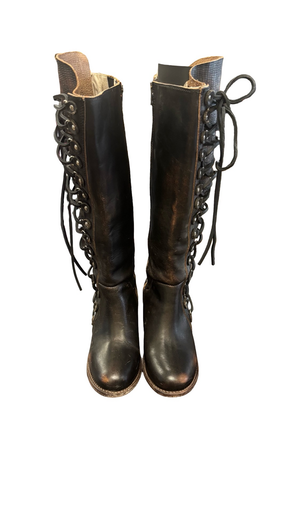 Size 8- Freebird Vintage Lace-Up Knee-High Black Leather Boots