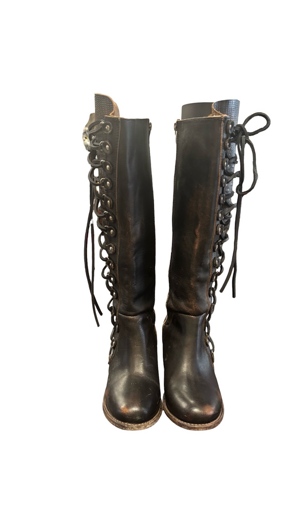 Size 8- Freebird Vintage Lace-Up Knee-High Black Leather Boots