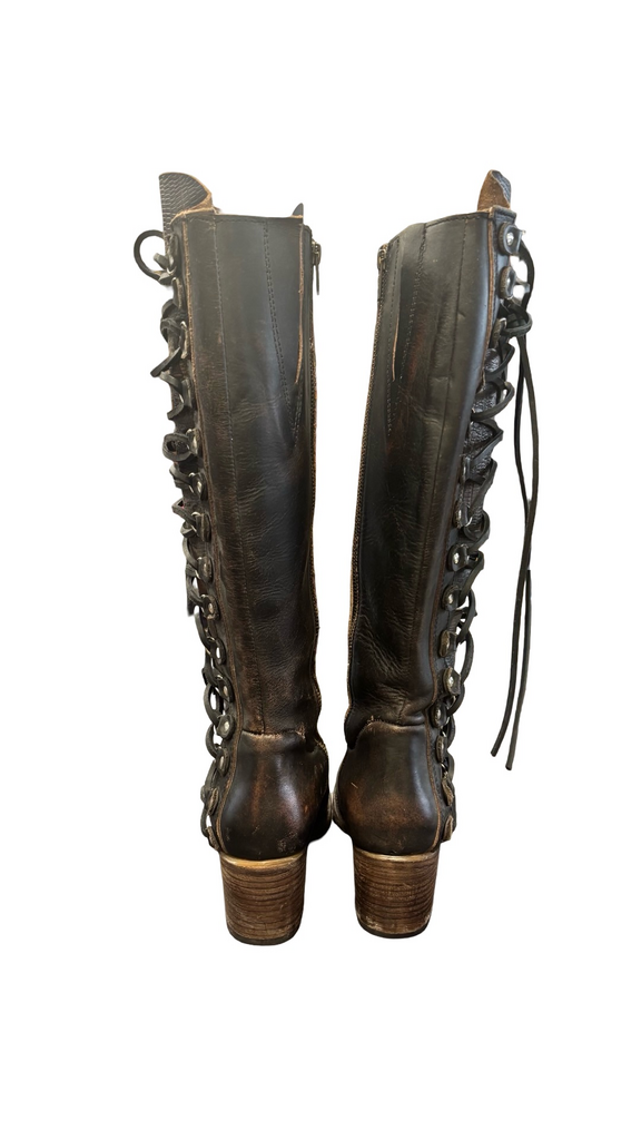 Size 8- Freebird Vintage Lace-Up Knee-High Black Leather Boots