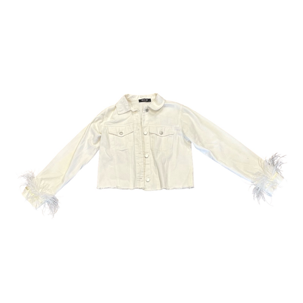 Small Blue B. Collection Cropped Denim Jacket with Feathered Sleeves