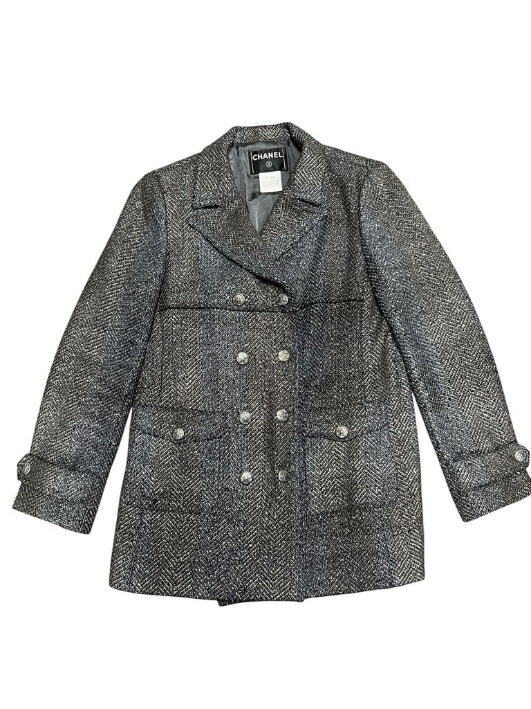 Size 42 Chanel 2007 Grey Wool Double Breasted Peacoat