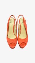 Size 7.5 Brian Atwood Coral Snakeskin Slingback Heels