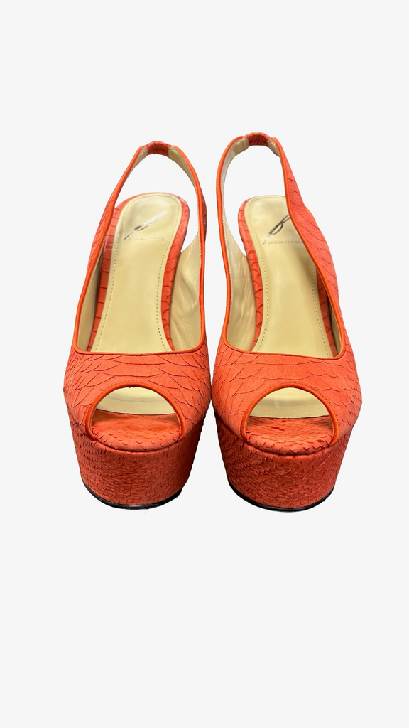 Size 7.5 Brian Atwood Coral Snakeskin Slingback Heels