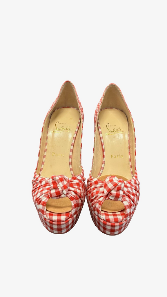 Size 38 Christian Louboutin Red and White Gingham Peep-Toe Heels