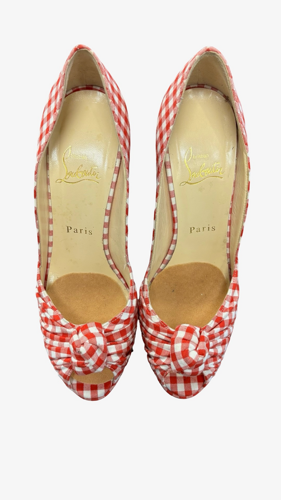 Size 38 Christian Louboutin Red and White Gingham Peep-Toe Heels