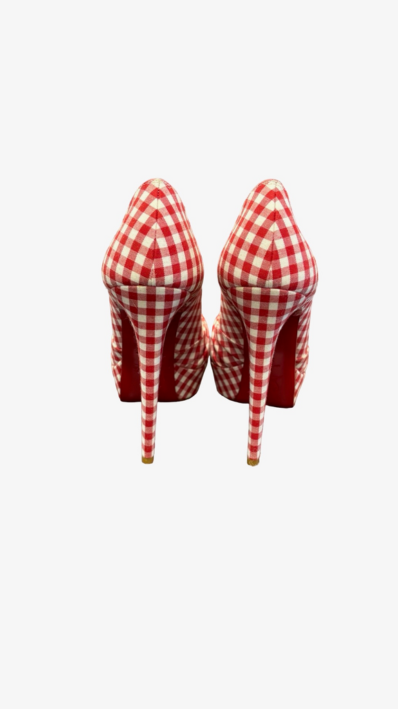 Size 38 Christian Louboutin Red and White Gingham Peep-Toe Heels
