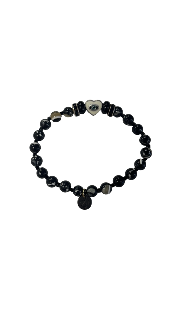 Black Beaded Bracelet with Heart Charm