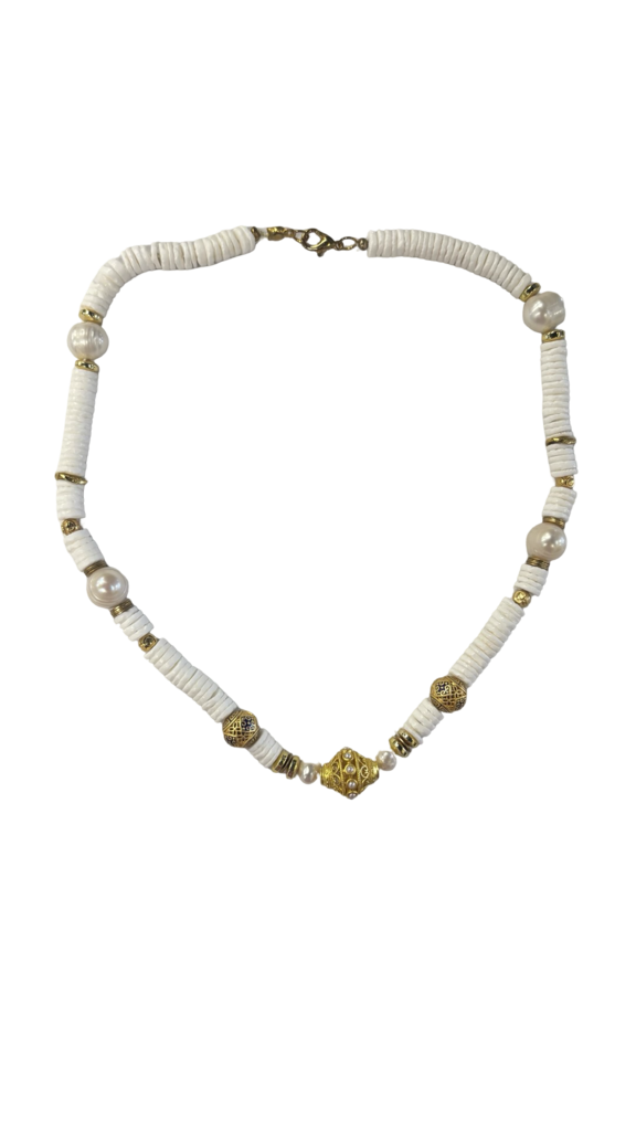 Elegant White Beaded Necklace with Gold Accents