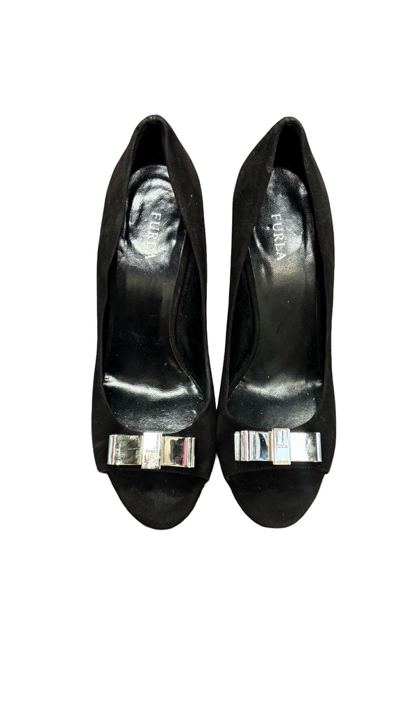 Size 37.5 Furla Black High Heels with Silver Accent
