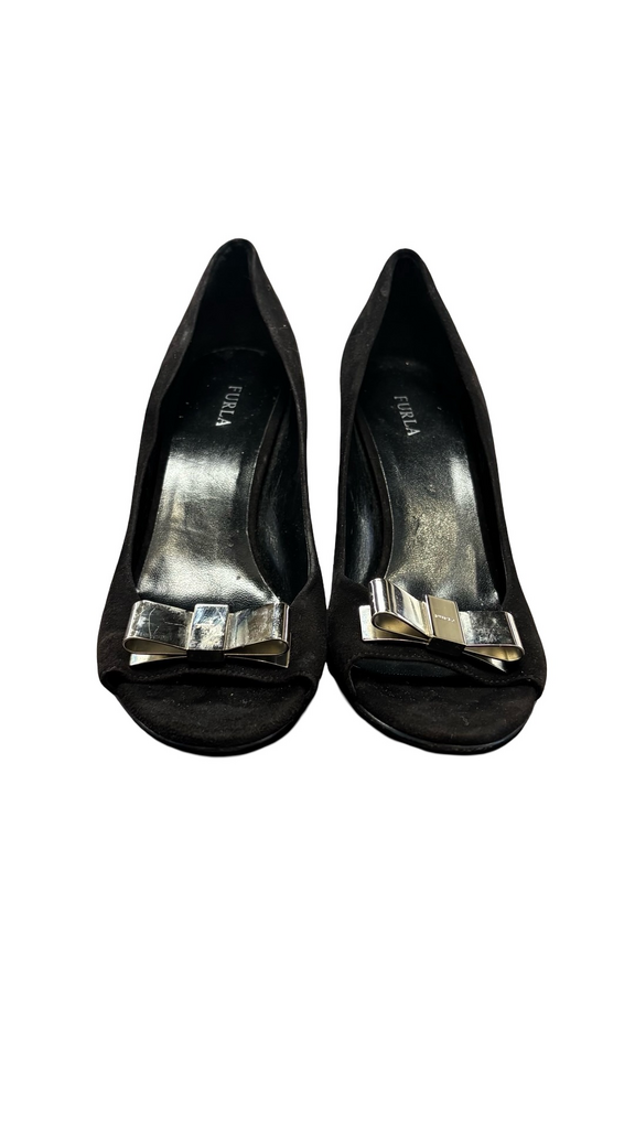Size 37.5 Furla Black High Heels with Silver Accent