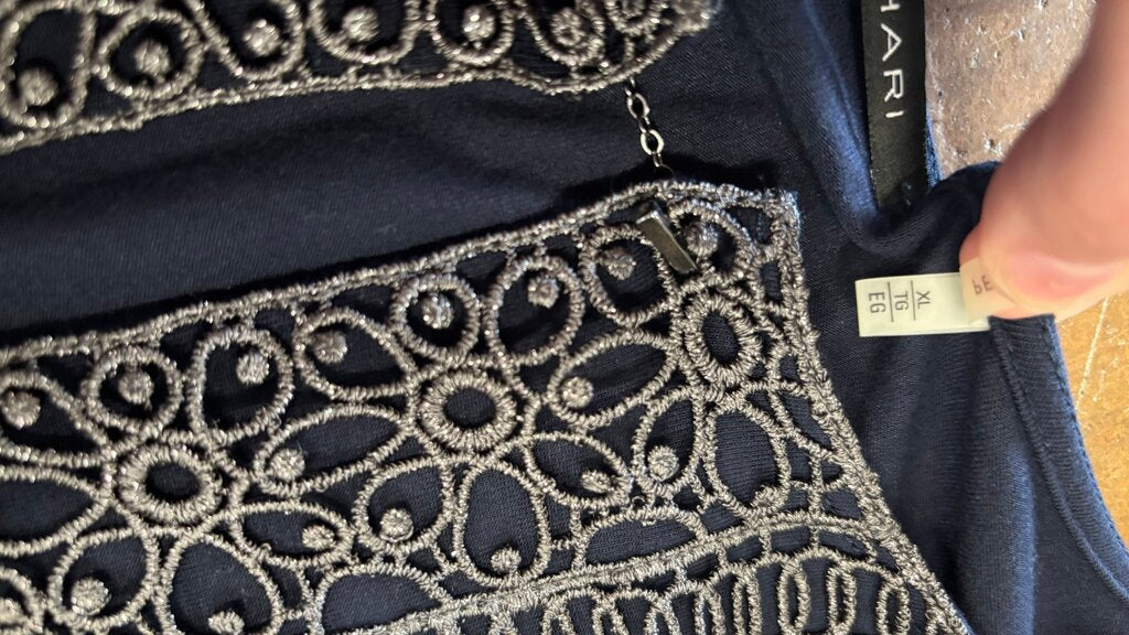 Size XL- T Tahari Navy Blue Embroidered Dress