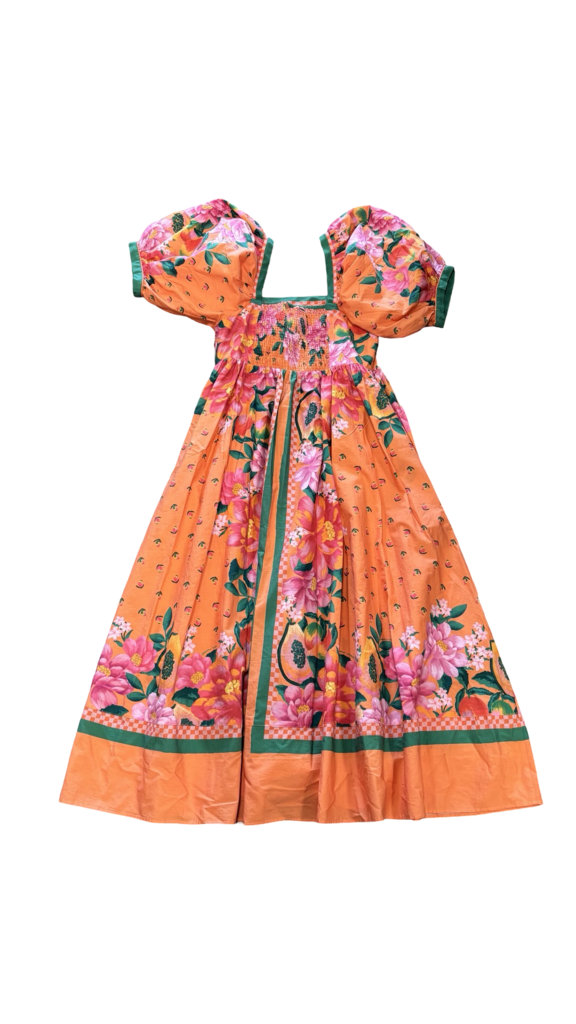Small FARM Rio Fruit Garden Printed Midi Dress with Puff Sleeves