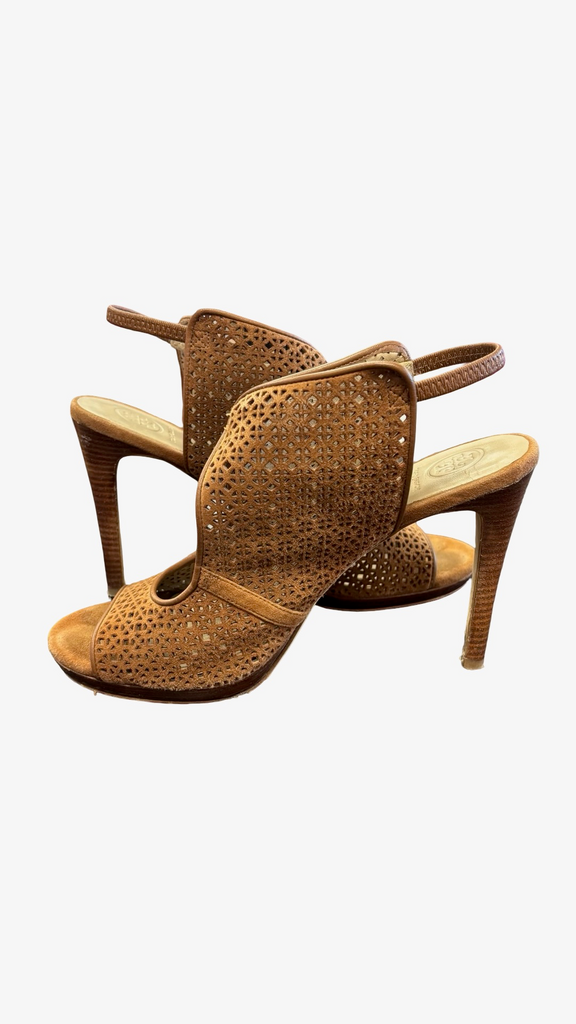 Size 7.5 Tory Burch Brown Open-Toe Heeled Sandals