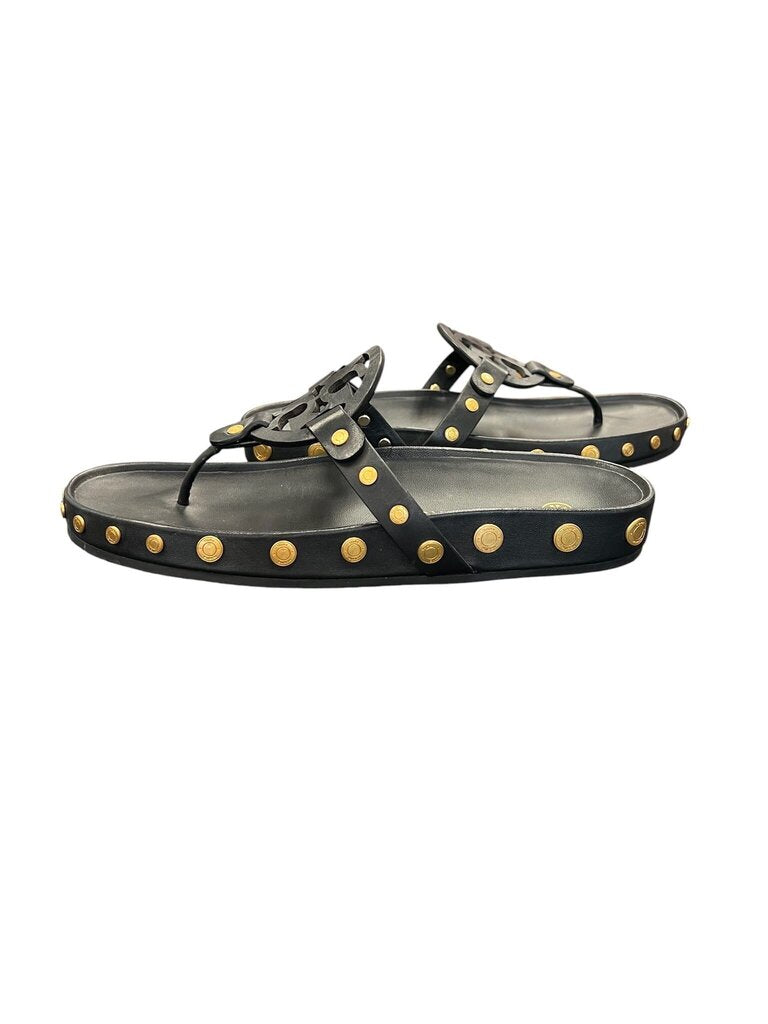Size 8- Tory Burch Black Leather Sandals with Gold Studs