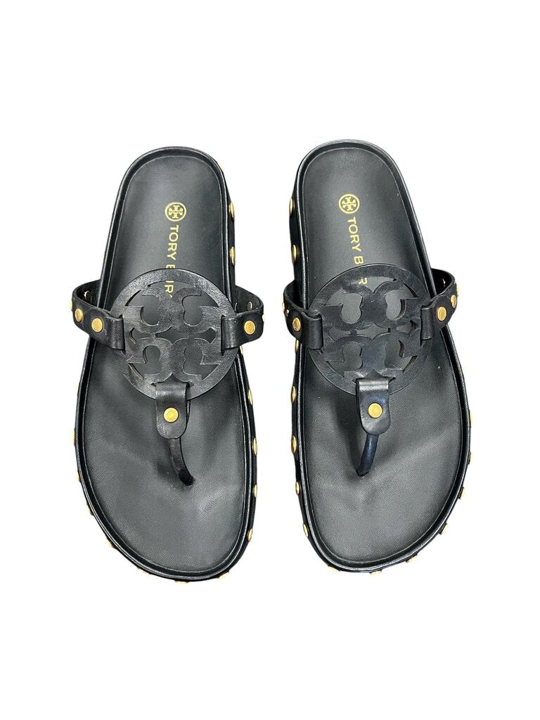 Size 8- Tory Burch Black Leather Sandals with Gold Studs