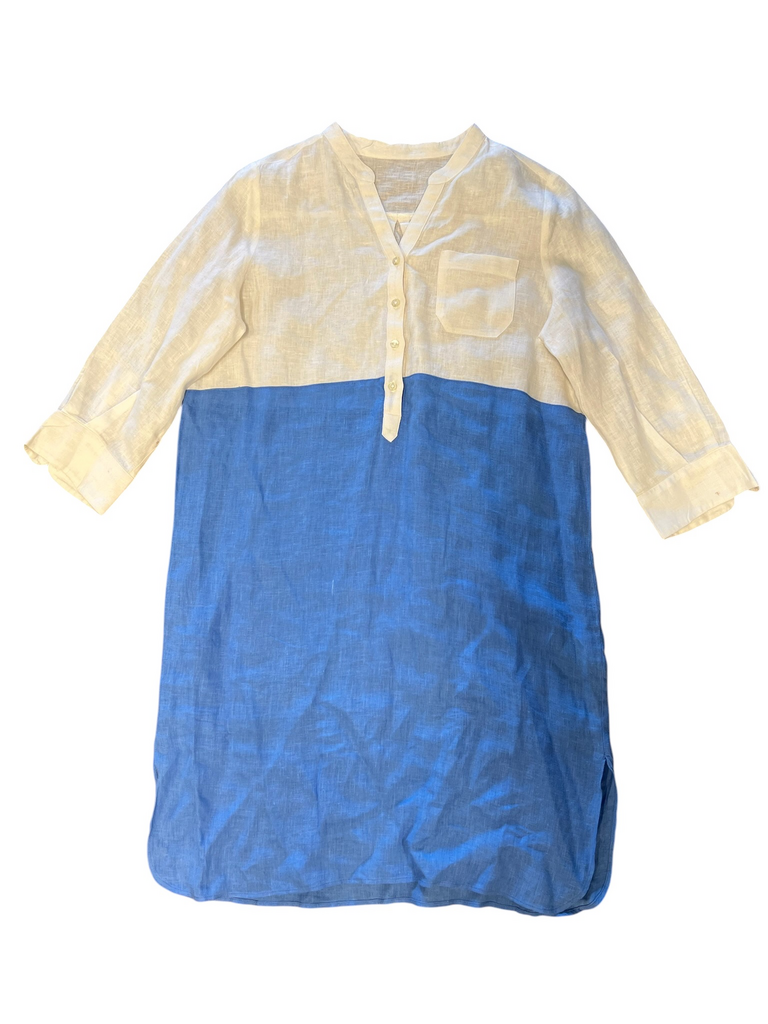 Size M- Blue and Beige Linen Dress