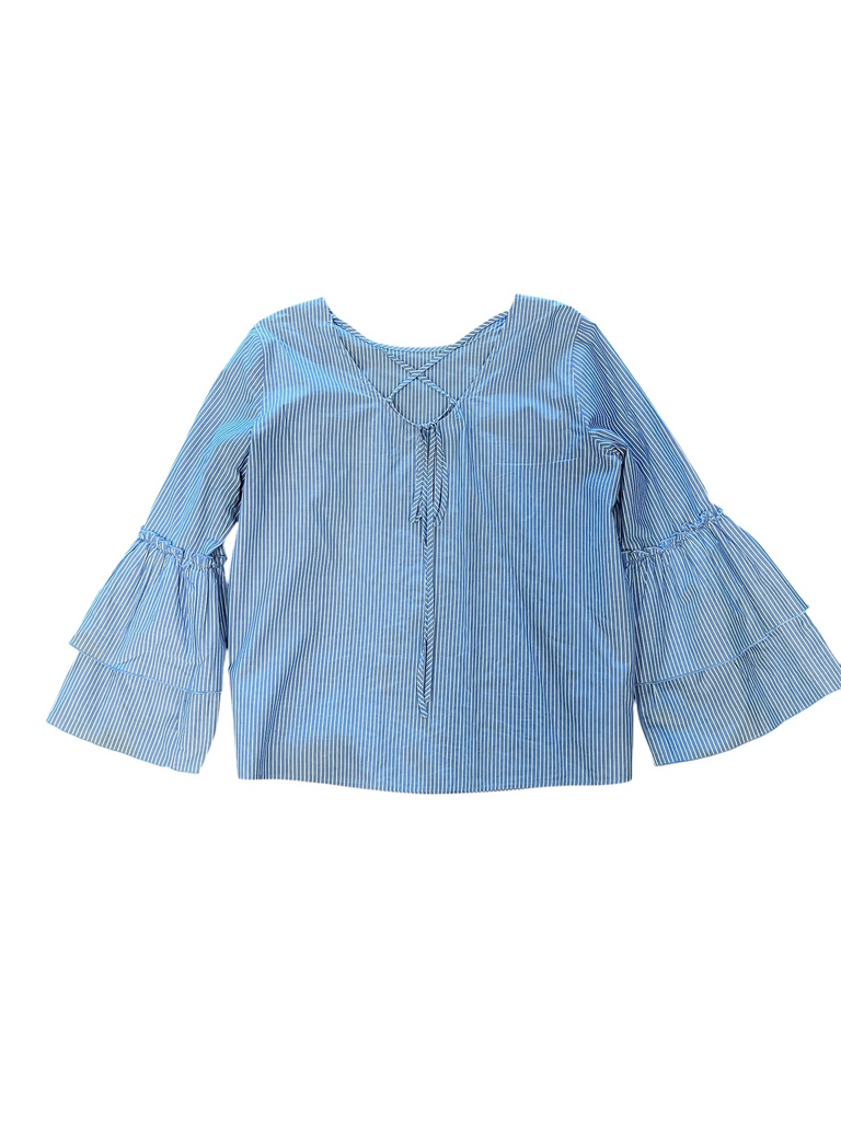 Size M- LOFT Women's Striped Blouse with Flared Sleeves