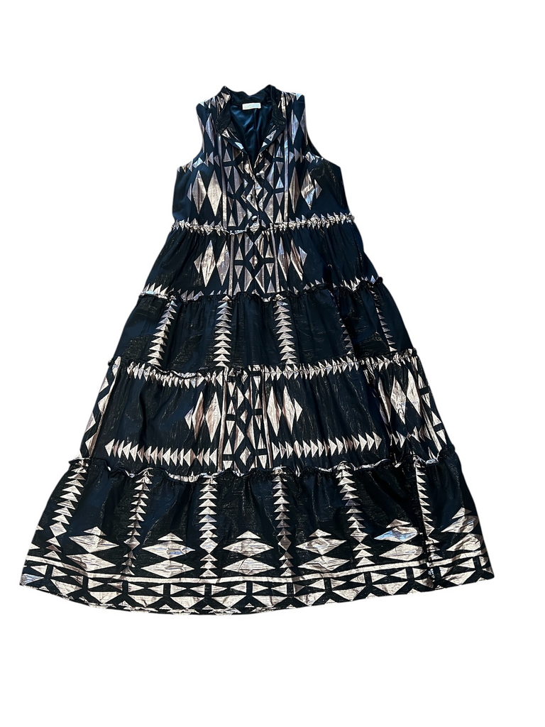 Size L- Lace Sleeveless Black and Silver Patterned Maxi Dress