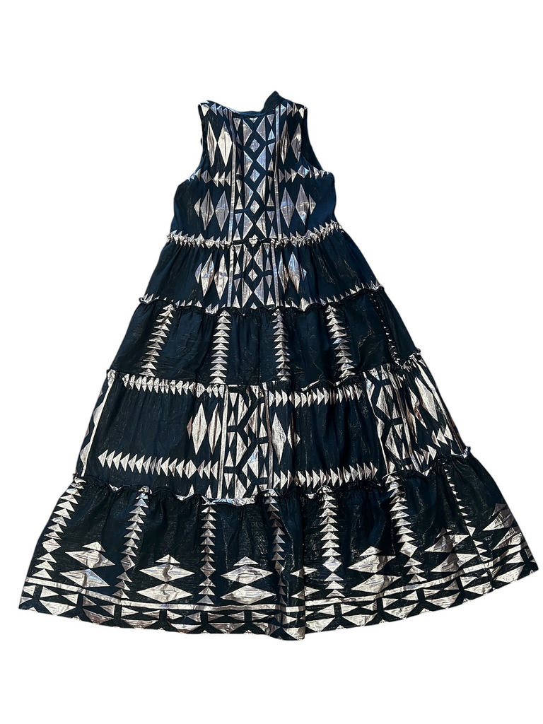 Size L- Lace Sleeveless Black and Silver Patterned Maxi Dress