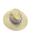 Wide Brim Straw Hat with Navy Patterned Band