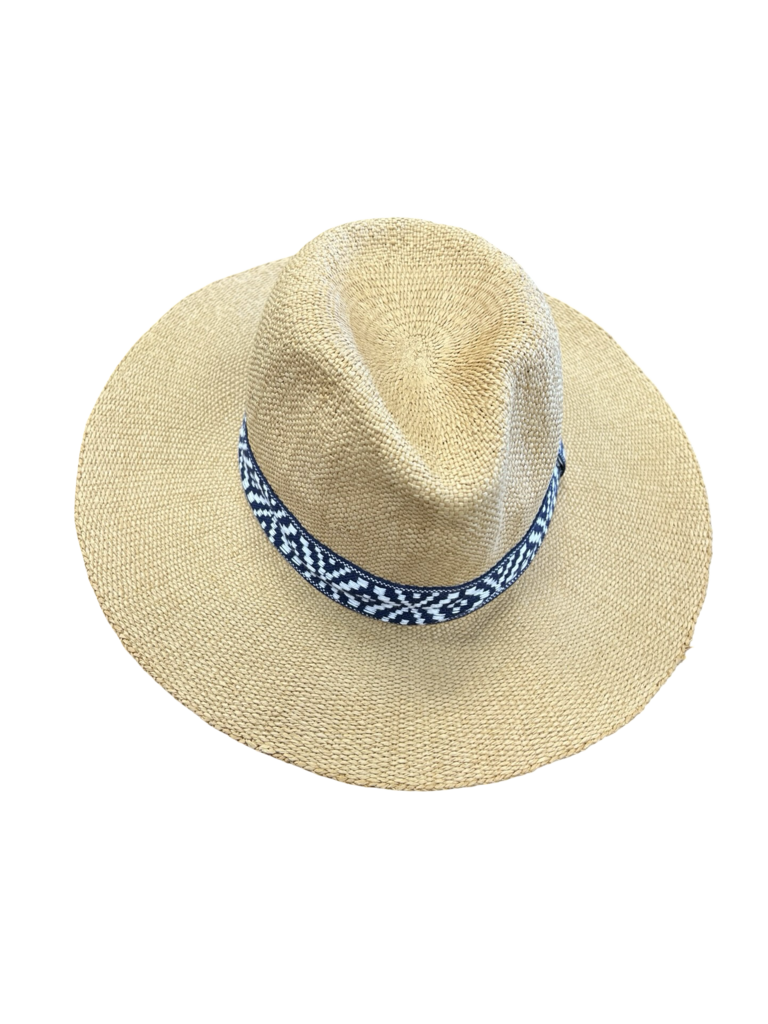 Wide Brim Straw Hat with Navy Patterned Band