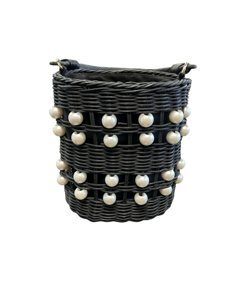 Kate Spade Black Woven Pearl-Embellished Bucket Bag