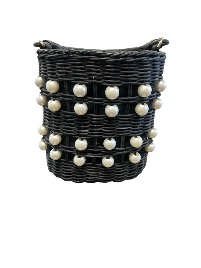 Kate Spade Black Woven Pearl-Embellished Bucket Bag