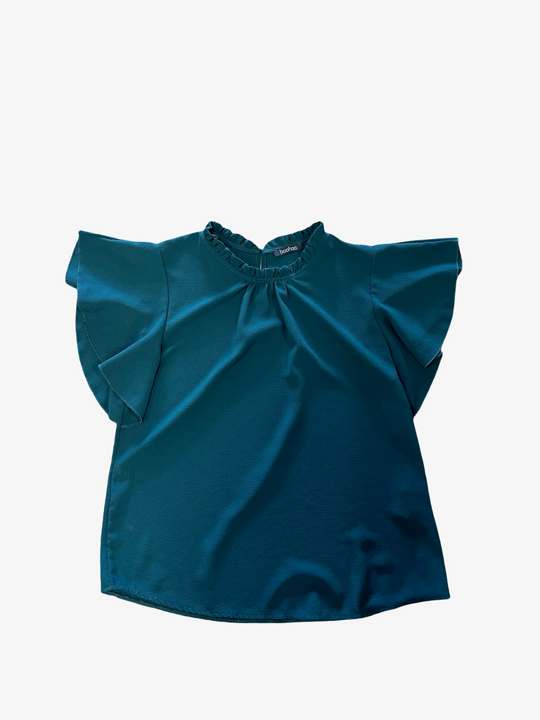 Small Boohoo Women's Dark Green Ruffle Sleeve Top