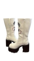 Size 6 Dolls Kill Vintage White Heeled Racing Boots with Checkered Flags