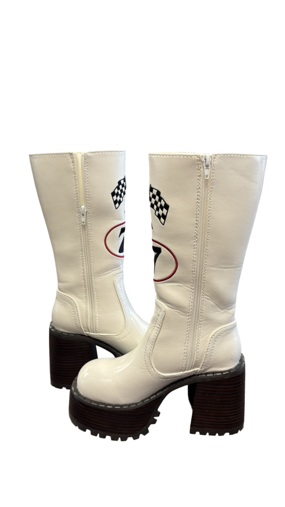 Size 6 Dolls Kill Vintage White Heeled Racing Boots with Checkered Flags