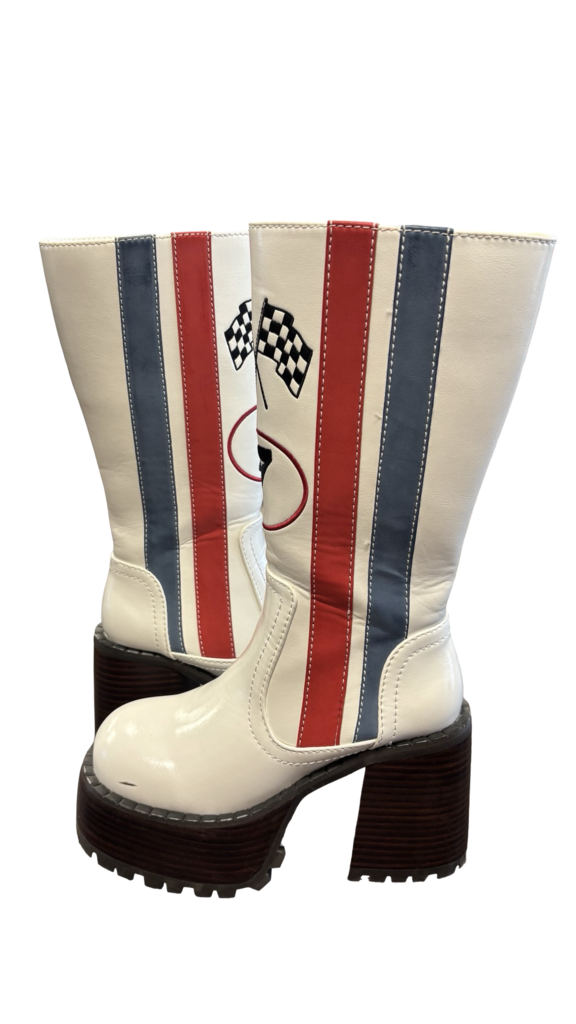 Size 6 Dolls Kill Vintage White Heeled Racing Boots with Checkered Flags