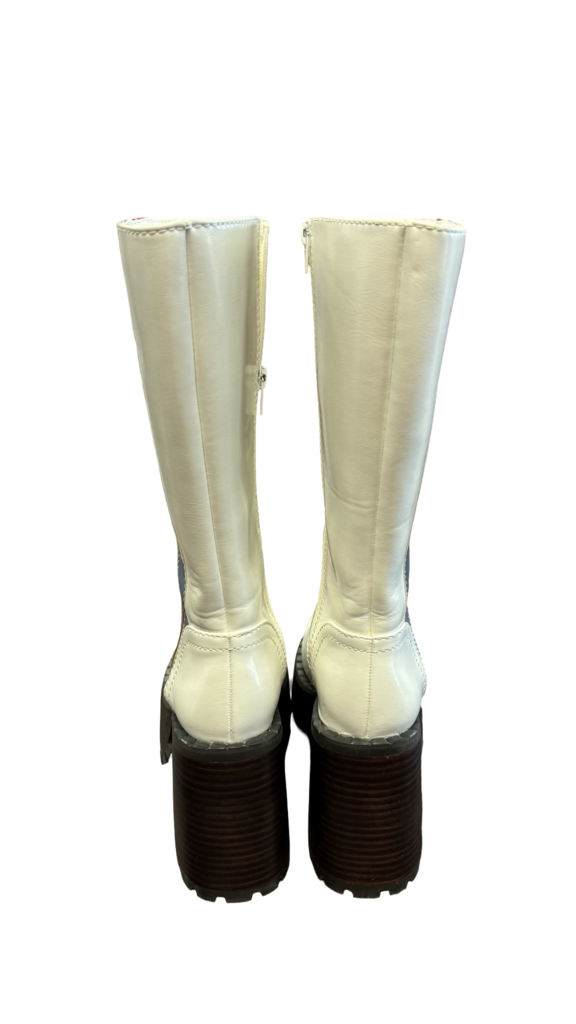 Size 6 Dolls Kill Vintage White Heeled Racing Boots with Checkered Flags