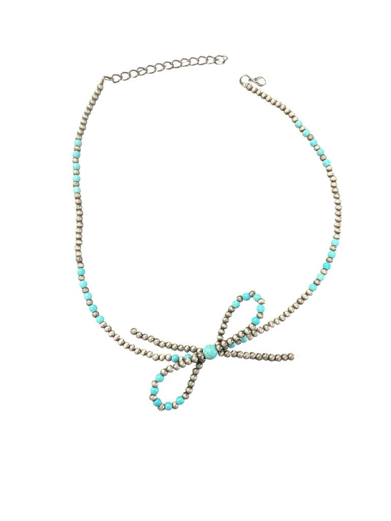 Turquoise and Silver Beaded Bow Necklace