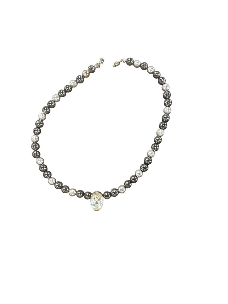 Black and Silver Beaded Necklace with Clear Gem