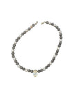 Black and Silver Beaded Necklace with Clear Gem