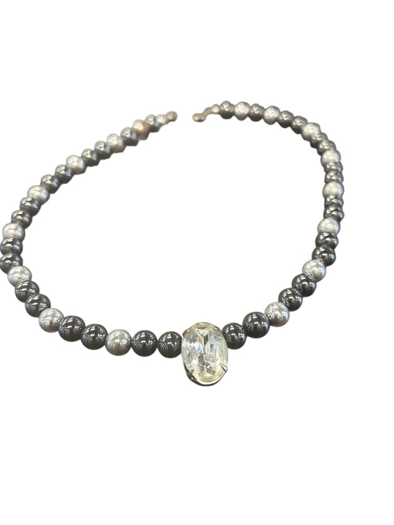 Black and Silver Beaded Necklace with Clear Gem