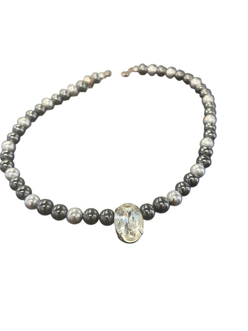 Black and Silver Beaded Necklace with Clear Gem