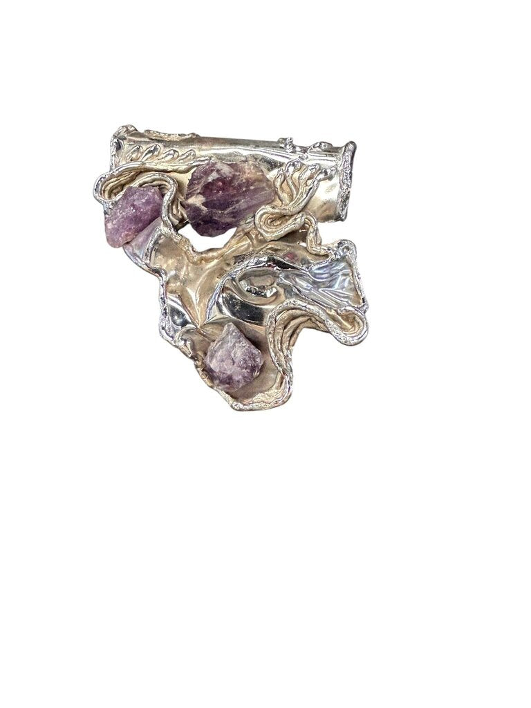 Unique Mixed-Media Silver and Amethyst Brooch