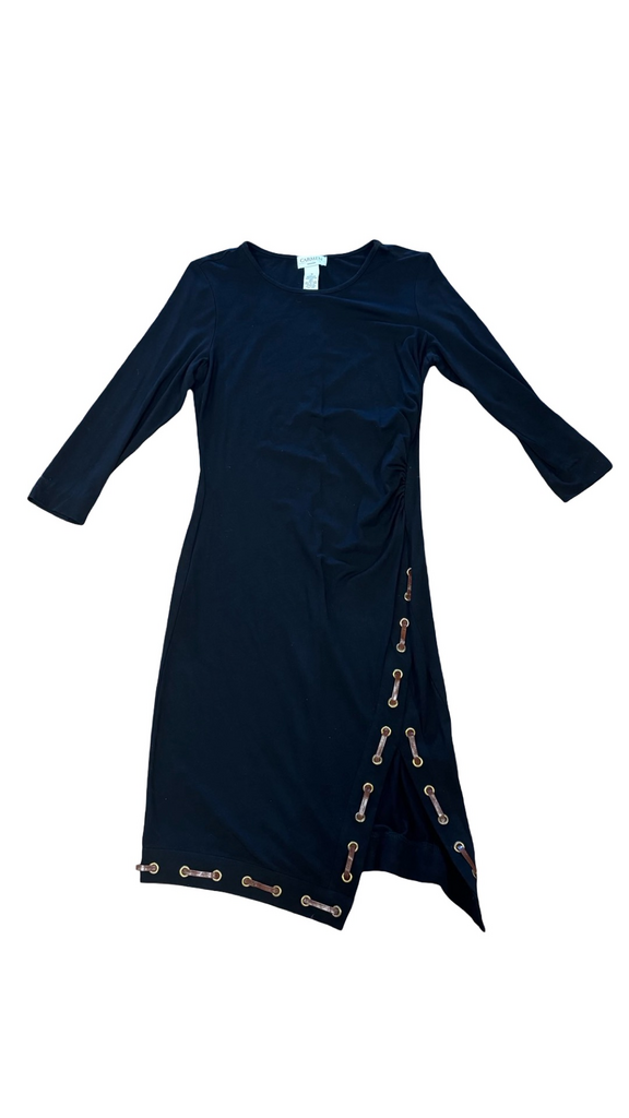 Medium Carmen Marc Valvo Black Dress with Faux Leather Details